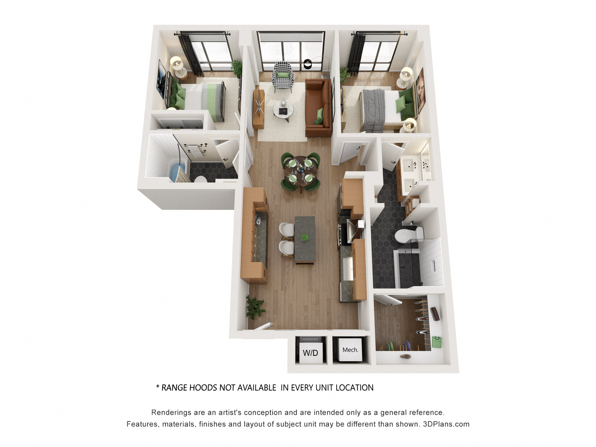 Floor plan for 2 beds, 2 baths, 1052 sqft